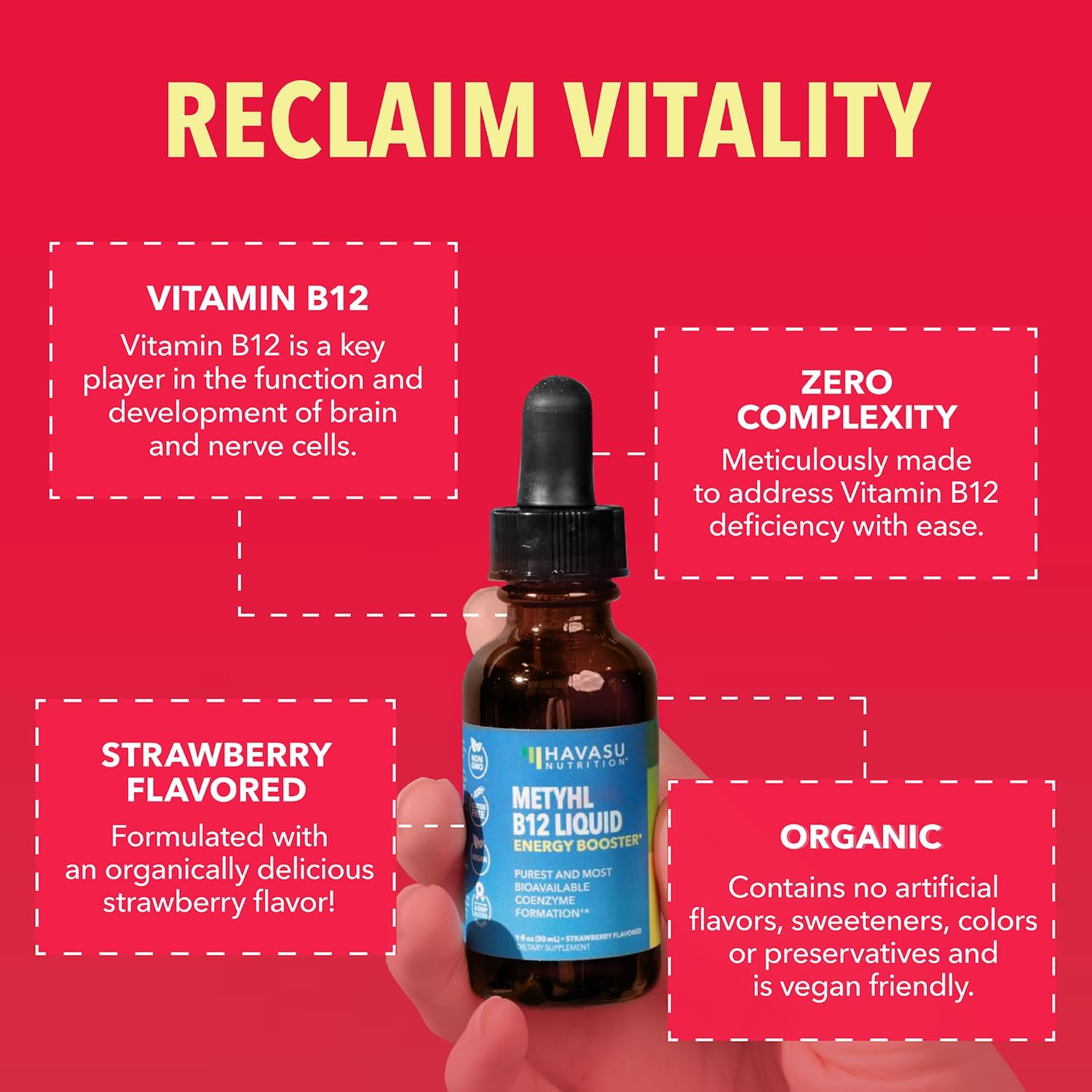 HAVASU NUTRITION USDA Organic Vitamin B12 Liquid Drops - Methylcobalamin, Strawberry, 30 ml (30 Servings) - görsel 3