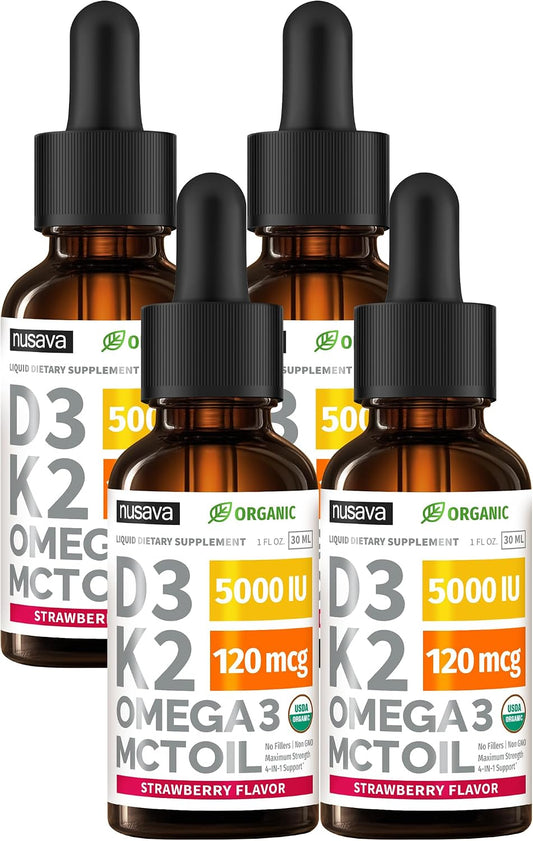 NUSAVA Organic Vitamin D3 K2 Drops with Omega-3 & MCT Oil - 5000 IU D3 + 120 mcg K2 MK-7 - Liquid Supplement for Women & Men - Non-GM, No Fillers - Strawberry Flavour, 4 fl oz (4 Pack)