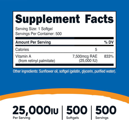 Nutricost Vitamin A 25000 IU, 500 Softgels