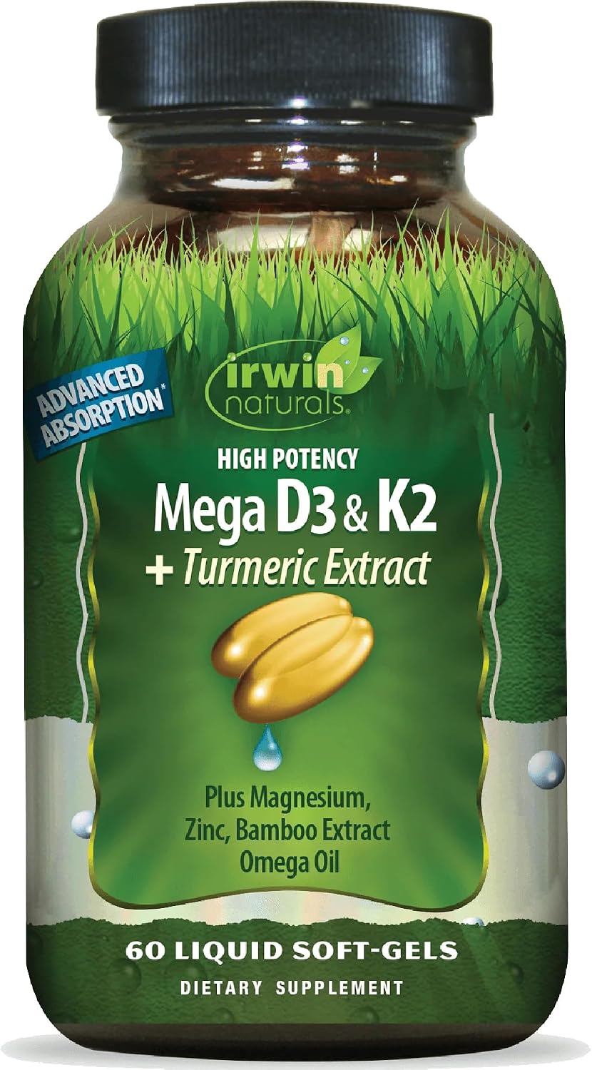 Irwin Naturals Mega D3 & K2 + Turmeric Extract - High Potency Complex with Vitamin D3, MK-7 K2, Magnesium and Zinc - 60 Liquid Soft-Gels (2 Pack) - görsel 9