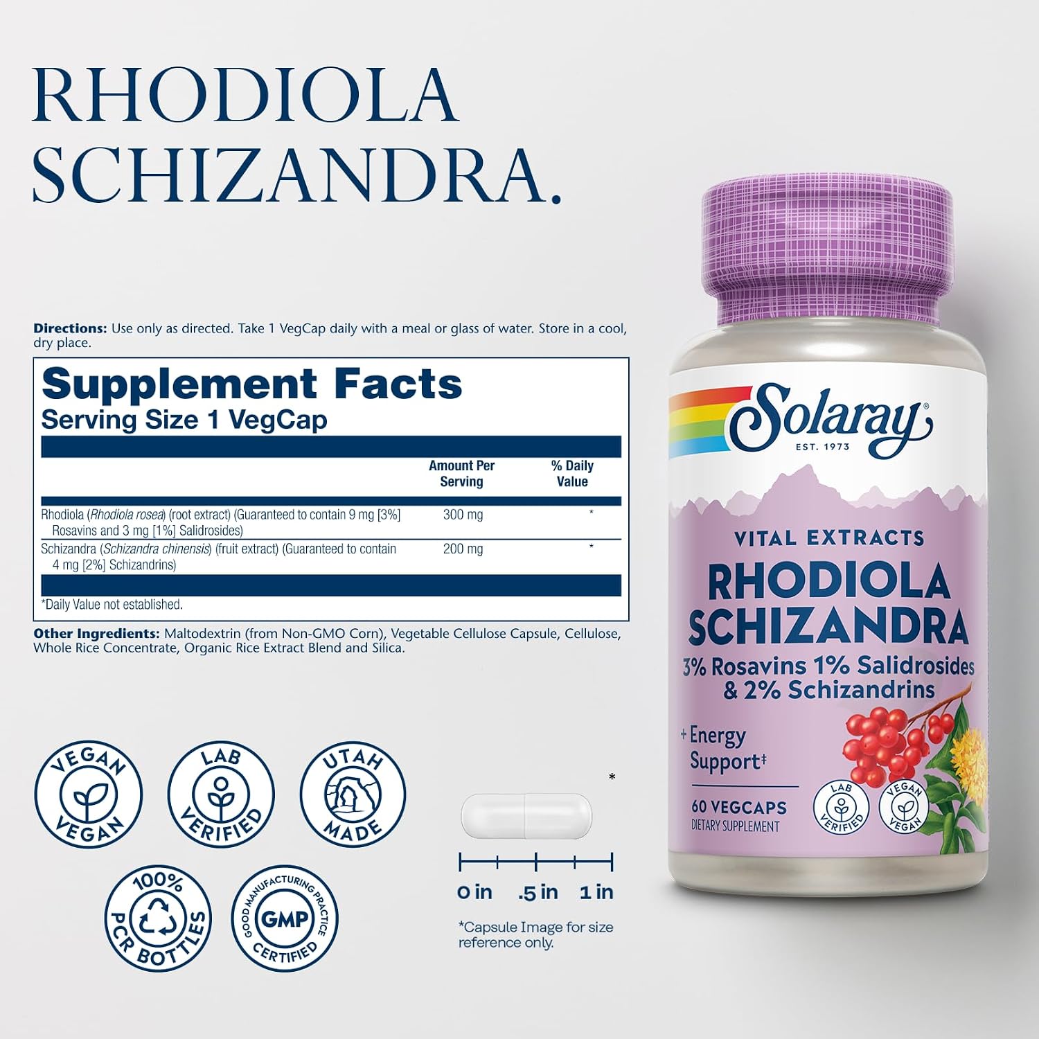 SOLARAY Rhodiola Schizandra - Rhodiola Rosea Extract - Energy Support and Occasional Stress Relief Food Supplement - Vegan, Lab Verified, 60-Day Guarantee - 60 Servings, 60 VegCaps - görsel 2