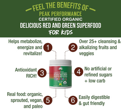 Peak Performance Kids Greens and Reds Superfood Powder - Organic Vegan Superfood with 25+ Fruits and Vegetables