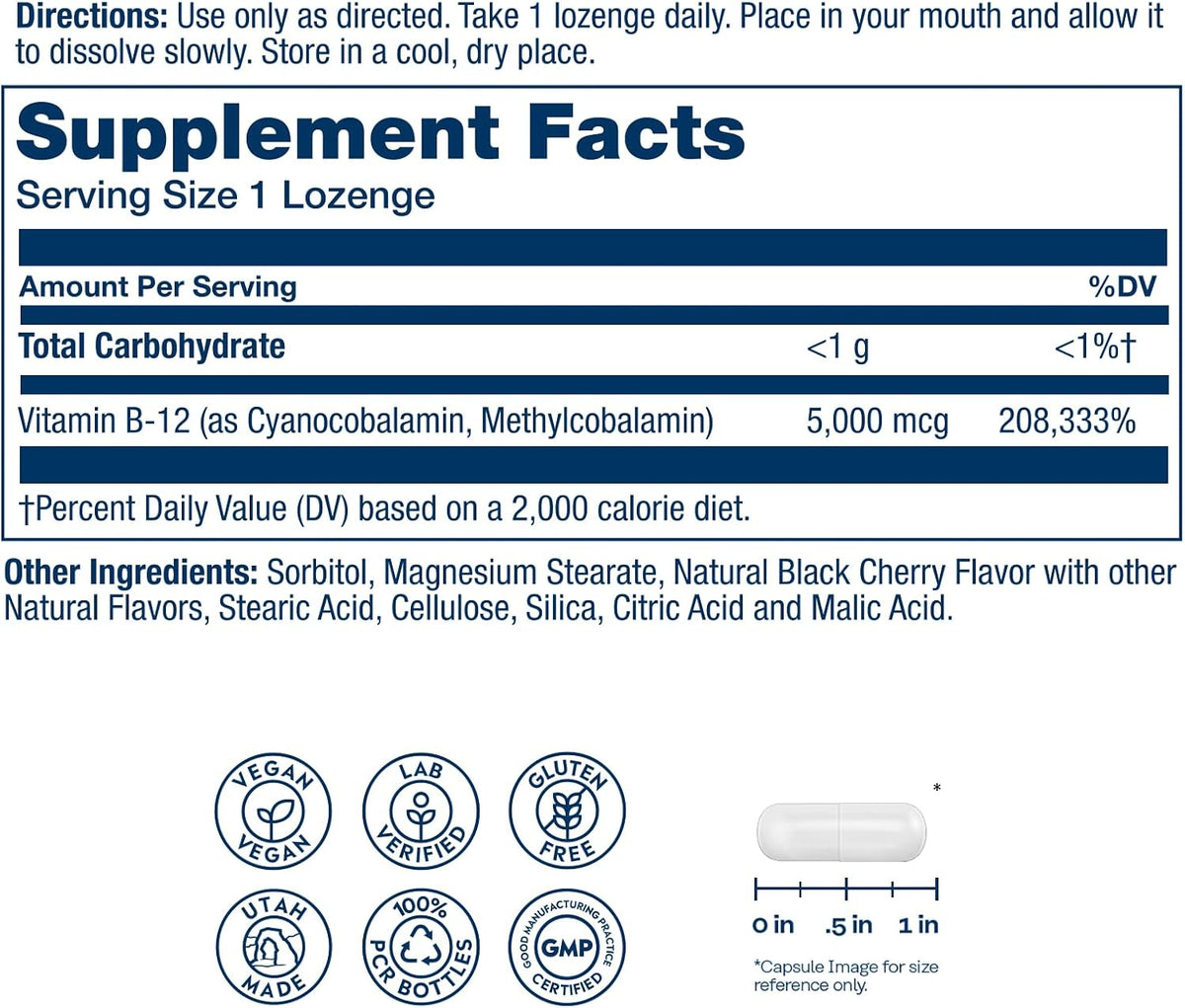 Solaray Vitamin B-12 5000mcg Lozenges - Methylcobalamin for Energy & Nerve Health, Natural Cherry, 30 Count - görsel 2
