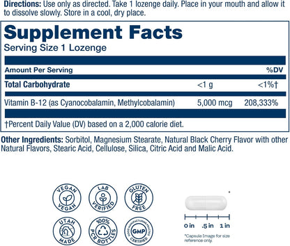 Solaray Vitamin B-12 5000mcg Lozenges - Methylcobalamin for Energy & Nerve Health, Natural Cherry, 30 Count