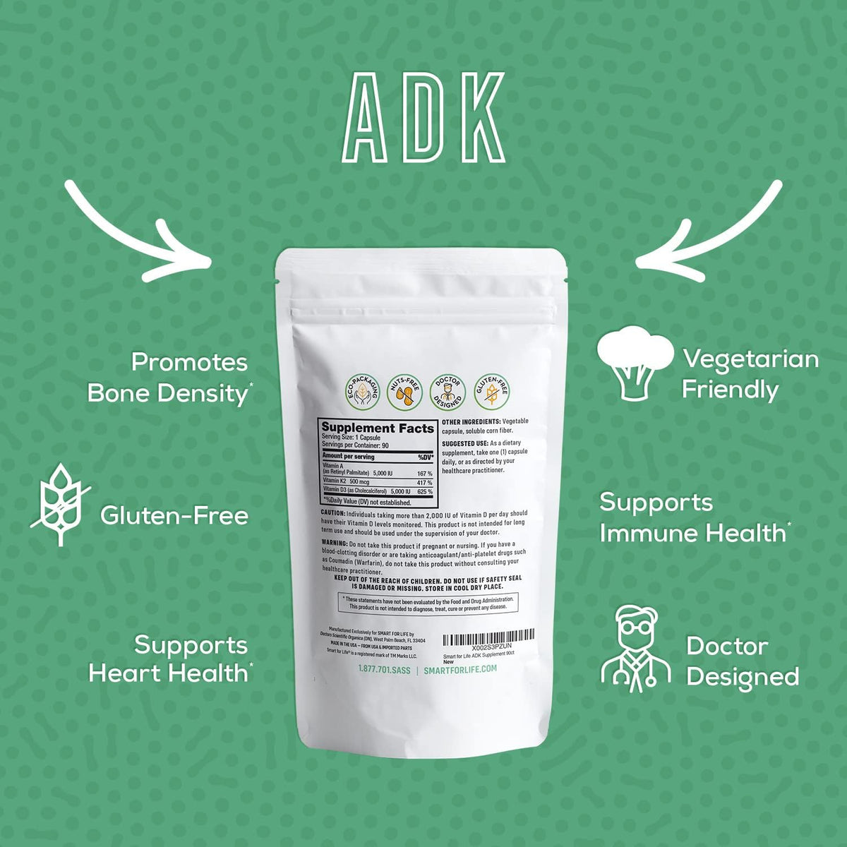 Smart for Life ADK Vitamins Supplement - High Potency Vitamin A, D3 & K2 - Supports Bone and Heart Health - 90 Capsules - görsel 3