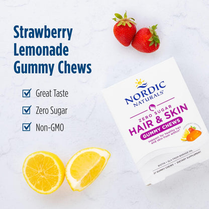 Nordic Naturals Zero Sugar Hair & Skin Gummy Chews - Strawberry Lemonade - 27 Gummy Chews - Biotin + GLA from Borage Oil – Image 2