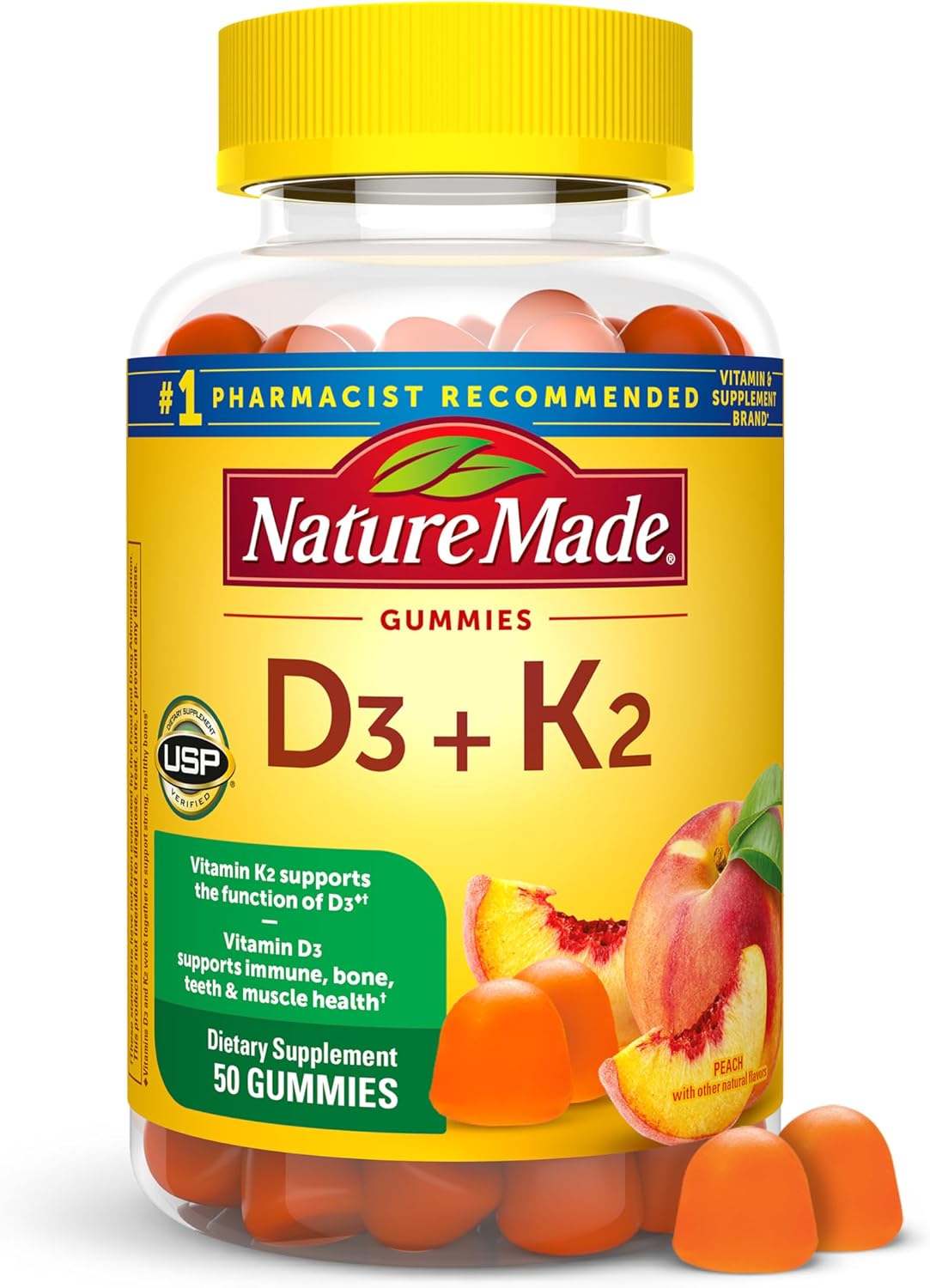 Nature Made Vitamin D3 K2 Gummies - 5000 IU D3 + 100 mcg K2 - Bone, Teeth, Muscle & Immune Support - 50 Gummies - görsel 1