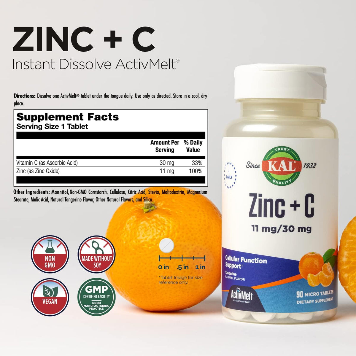 KAL Zinc Plus C ActivMelt - Instant Dissolve Vitamin C and Zinc, Immune Support, Natural Tangerine Flavour, 90 Micro Tablets - görsel 2