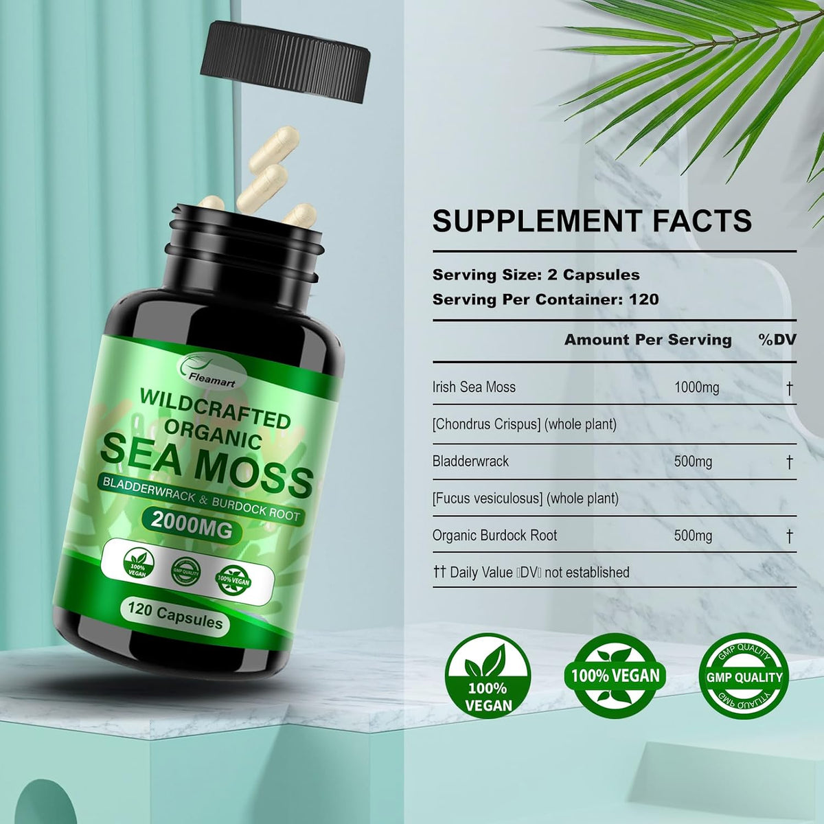 Irish Sea Moss Capsules 120ct - Raw Wildcrafted Sea Moss with Bladderwrack and Burdock Root - görsel 3