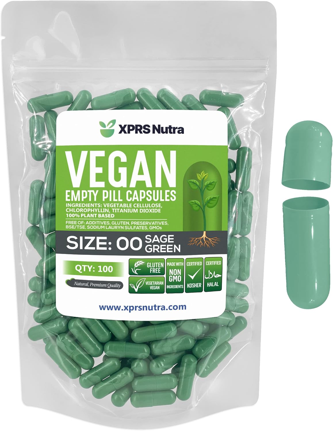 XPRS Nutra Size 00 Empty Capsules - 100 Count Vegan Capsules - DIY Vegetable Capsule Filling - Sage Green - görsel 1