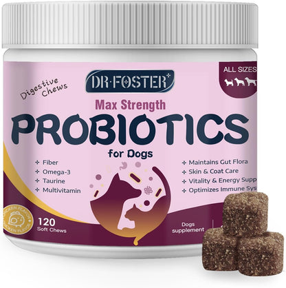 Probiotics for Dogs, Dog Probiotics for Digestive Health, 6 Billion CFU, with Prebiotics & Digestive Enzymes, Pumpkin & Omega-3, Dog Diarrhoea Relief & Immune Support, Skin & Coat Care, 120 Soft Chews