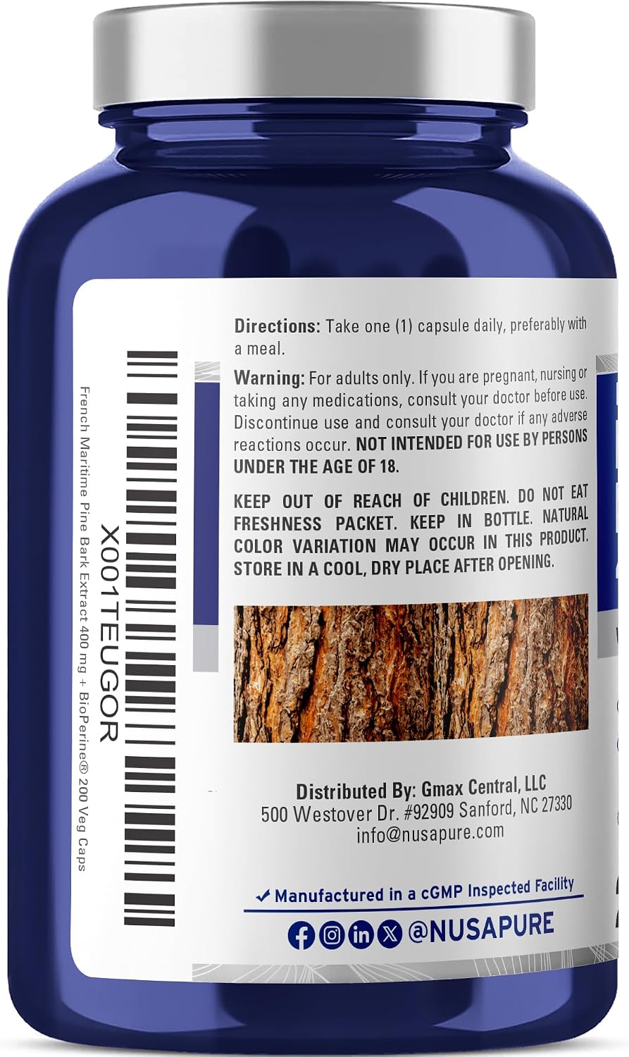 NusaPure French Maritime Pine Bark Extract 400mg - 200 Veggie Capsules with Bioperine, Non-GM, Vegan - görsel 3