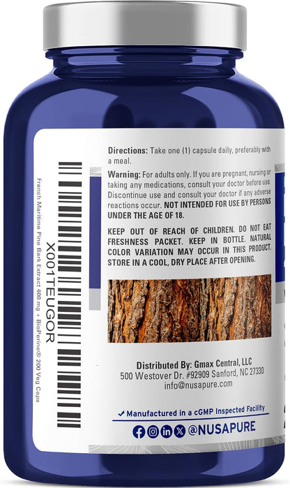 NusaPure French Maritime Pine Bark Extract 400mg - 200 Veggie Capsules with Bioperine, Non-GM, Vegan