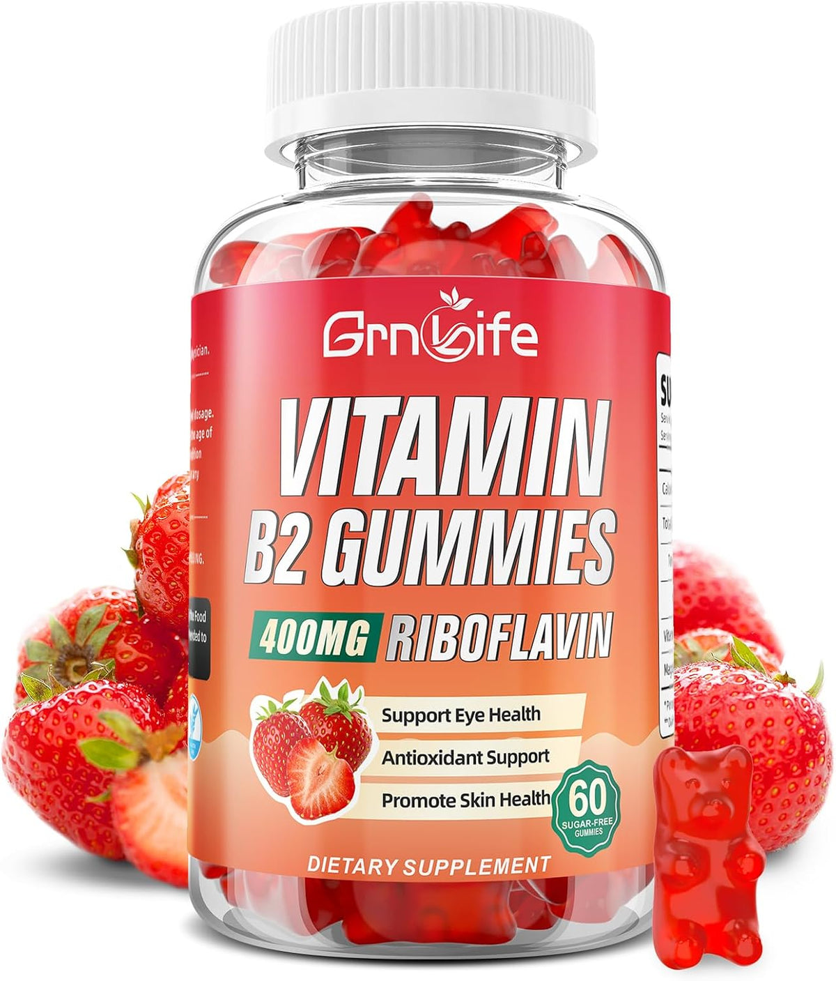 GrnLife Vitamin B2 Gummies – Riboflavin 400mg with Magnesium – Strawberry Flavour (60 Count) - görsel 1