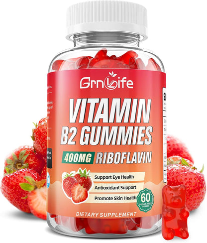 GrnLife Vitamin B2 Gummies – Riboflavin 400mg with Magnesium – Strawberry Flavour (60 Count)