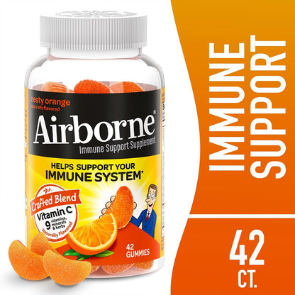 Airborne 750mg Vitamin C Gummies for Adults, Immune Support Supplement with Vitamins C & E, Zesty Orange Flavour (2 Pack)