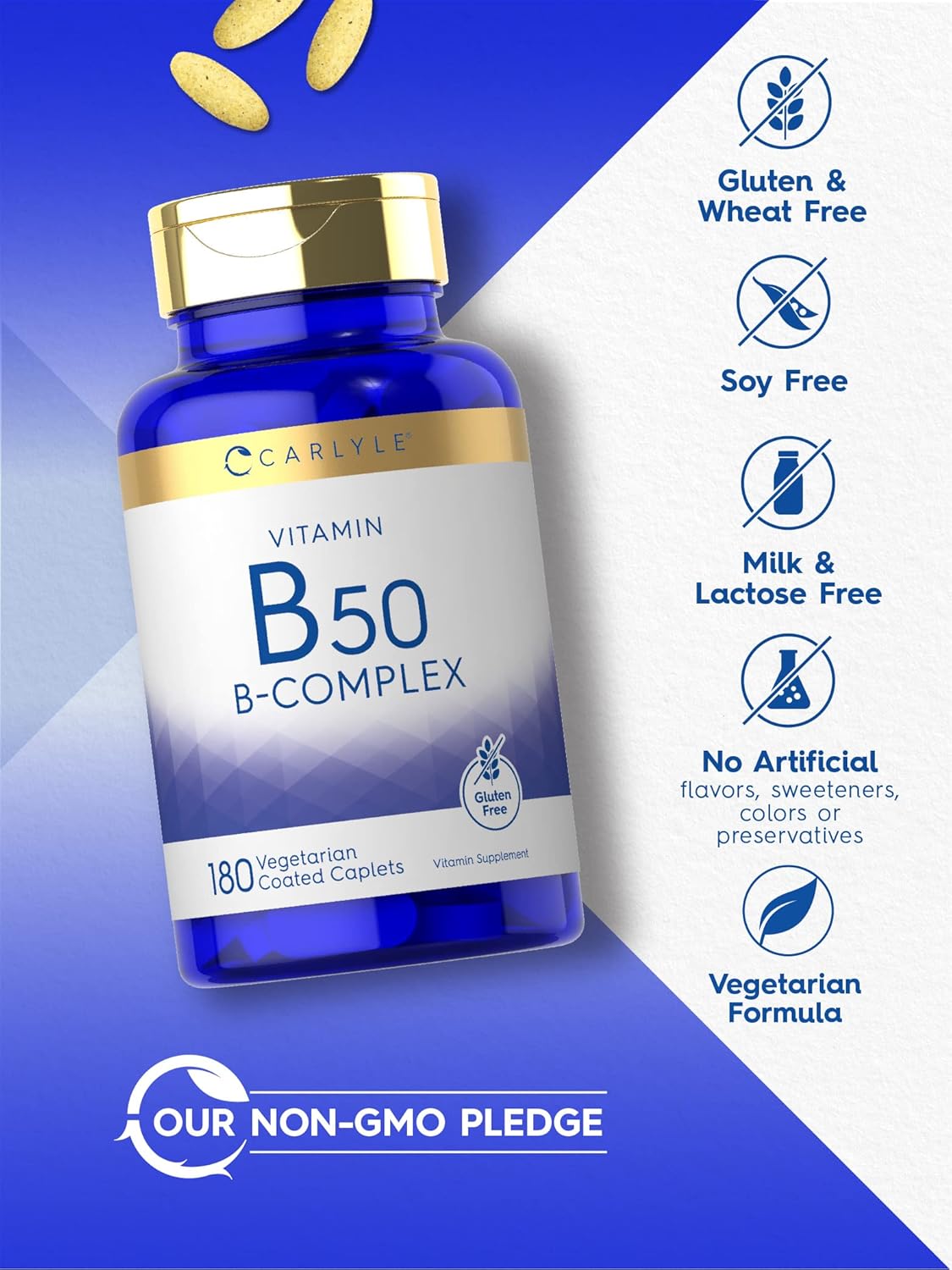 Carlyle Vitamin B50 Complex | 180 Caplets | Vegetarian, Non-GM, Gluten-free - görsel 4