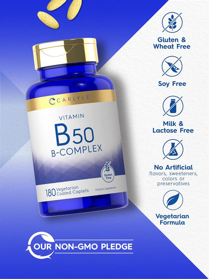 Carlyle Vitamin B50 Complex | 180 Caplets | Vegetarian, Non-GM, Gluten-free