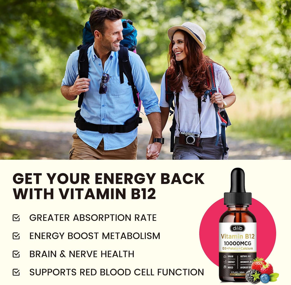 Vitamin B12 Complex 10000 mcg | Vegan Triple Liquid B-12 Drops | Methylcobalamin & Adenosylcobalamin & Hydroxo Blend for Energy and Metabolism | Berry Flavour - görsel 2