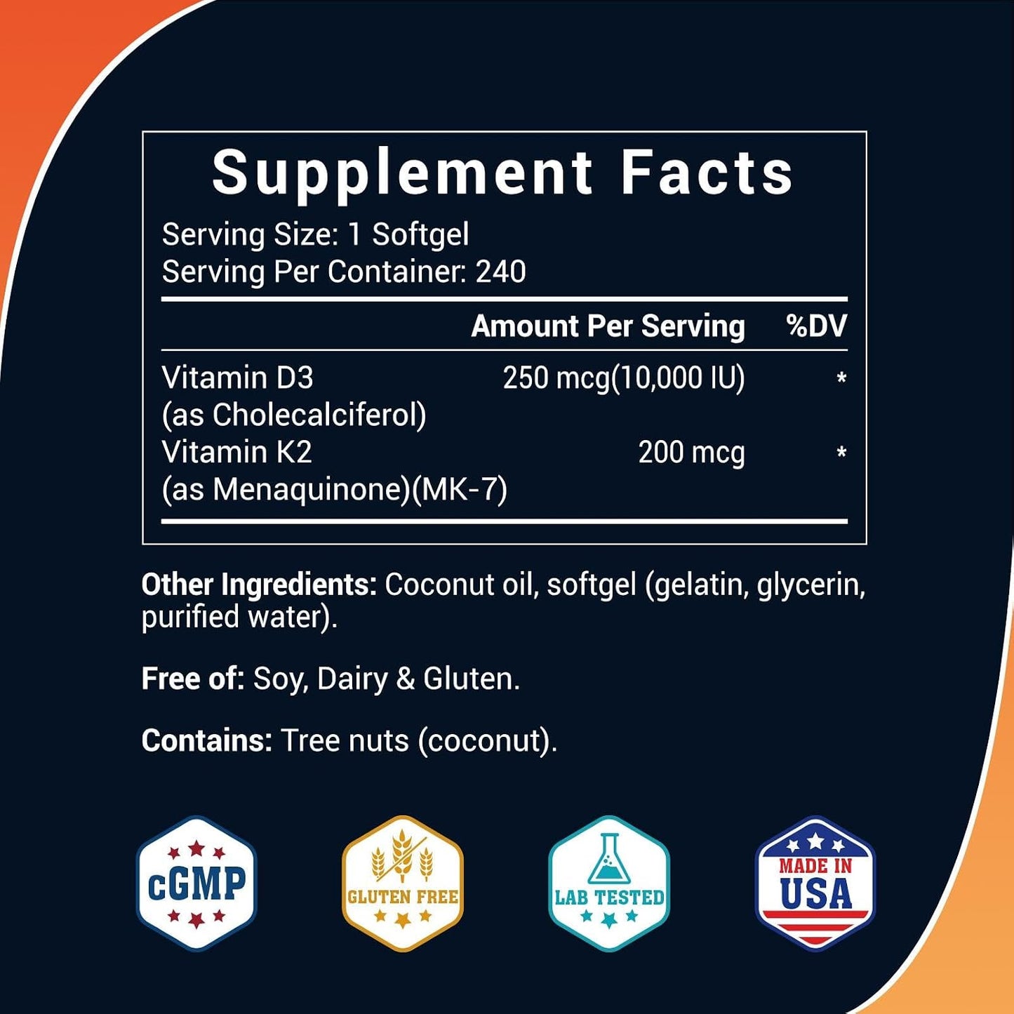 Vitamin D3 and K2 10,000 IU Plus K2 (MK-7) 200 mcg – 240 Coconut Oil Soft gel capsules - görsel 2