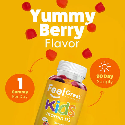 Feel Great Kids Vitamin D3 1000 IU Gummies – Citrus Flavoured, Vegetarian, 90 Count
