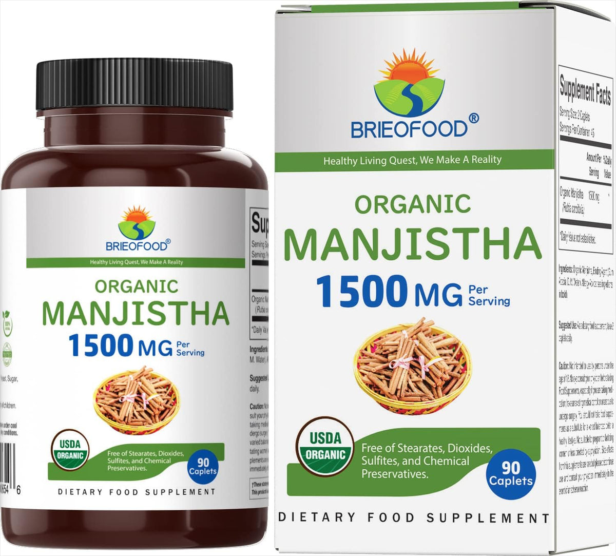 Brieofood Organic Manjistha 1500mg - 90 Vegetarian Tablets - görsel 1