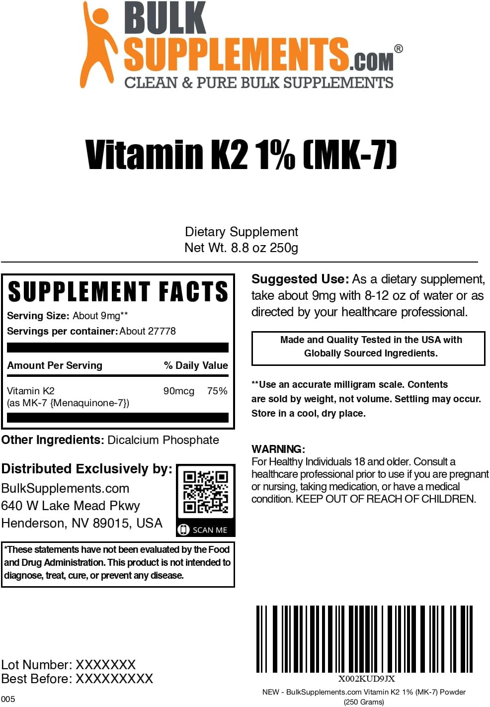 BulkSupplements.com Vitamin K2 Powder - MK-7 Menaquinone, 9mg per Serving, 250g - görsel 6