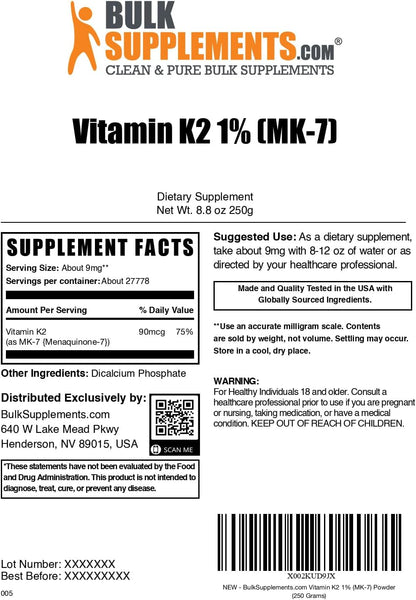 BulkSupplements.com Vitamin K2 Powder - MK-7 Menaquinone, 9mg per Serving, 250g