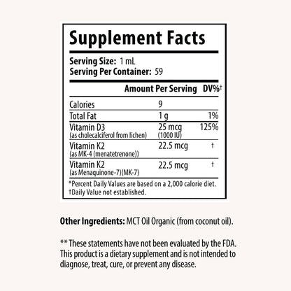 Drop Vitamin D3 + K2 Liquid Drops - 1000 IU Vegan D3 from Lichen, 45 mcg K2 (MK-4 & MK-7) with Organic MCT Oil, 59 ml