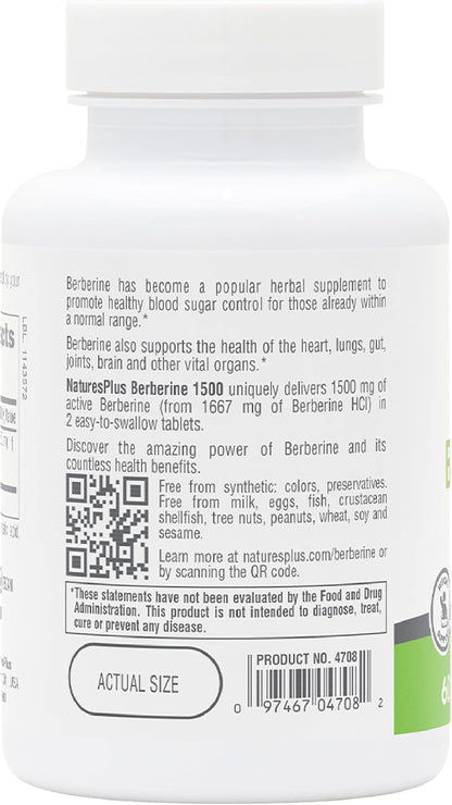 NaturesPlus PRO Berberine 1500 mg - 60 Tablets - Supports Healthy Metabolism - Non-GMO, Vegan & Gluten-free - 30 Servings