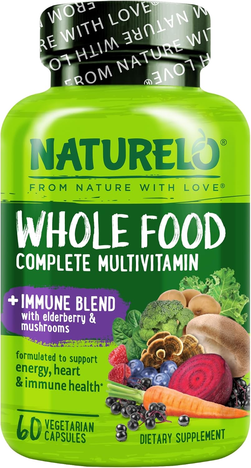 NATURELO Whole Food Multivitamin + Immune Blend with Elderberry & Mushrooms - Complete Multivitamin with Extra Immune Support - 60 Vegan Capsules - görsel 1