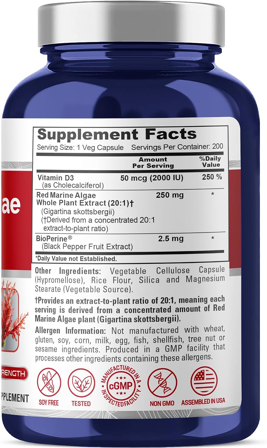 NusaPure Red Marine Algae Capsules, 250 mg, 200 Vegan Capsules (Soya-free, Non-GMO) - görsel 2