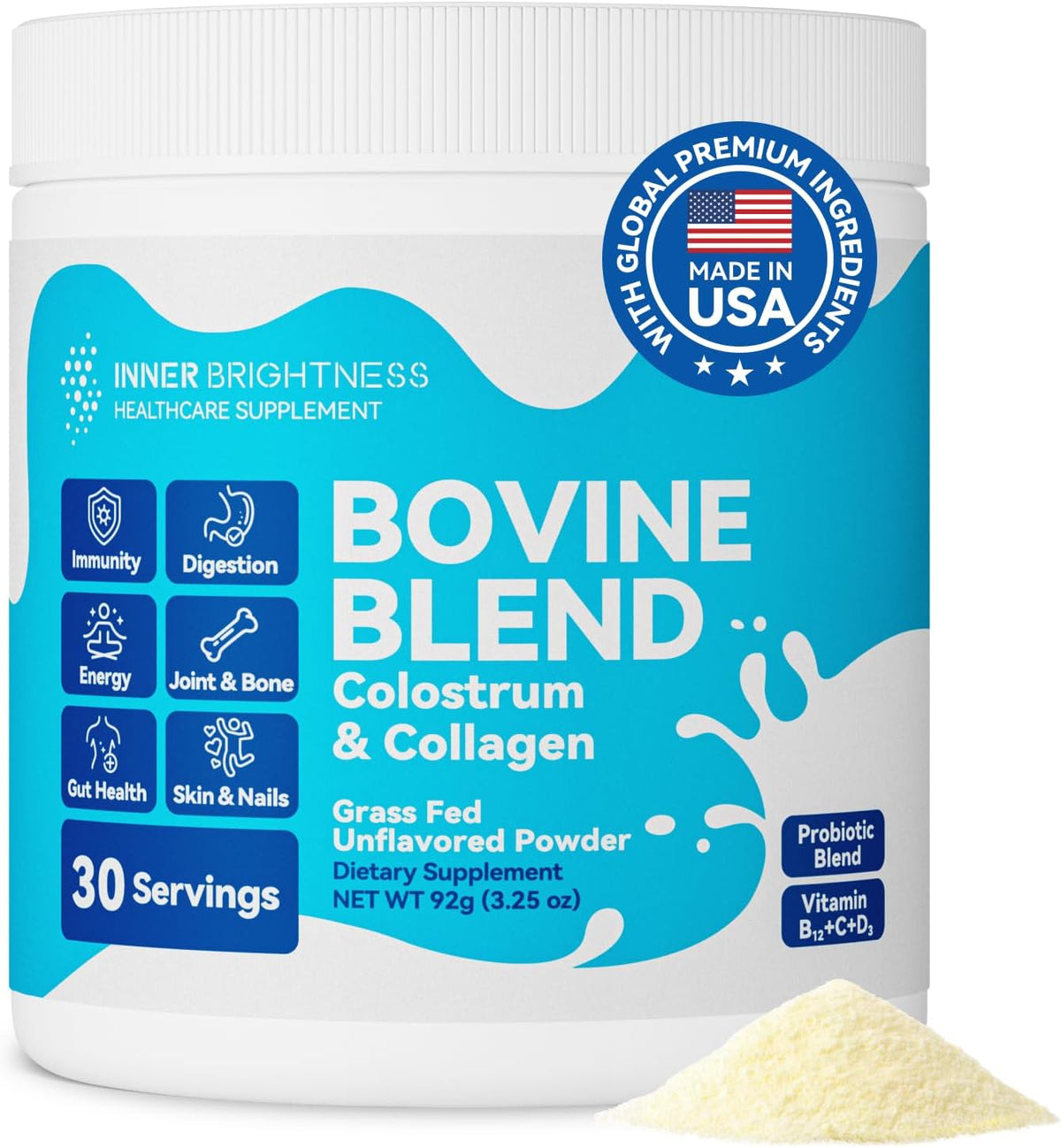 Inner Brightness Bovine Colostrum and Collagen Powder – Gut Health, Immune Support, Beauty Food Supplement (Unflavoured, 30 Servings) - görsel 1