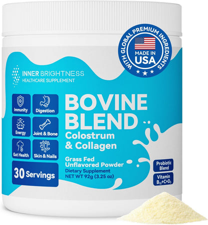 Inner Brightness Bovine Colostrum and Collagen Powder – Gut Health, Immune Support, Beauty Food Supplement (Unflavoured, 30 Servings)