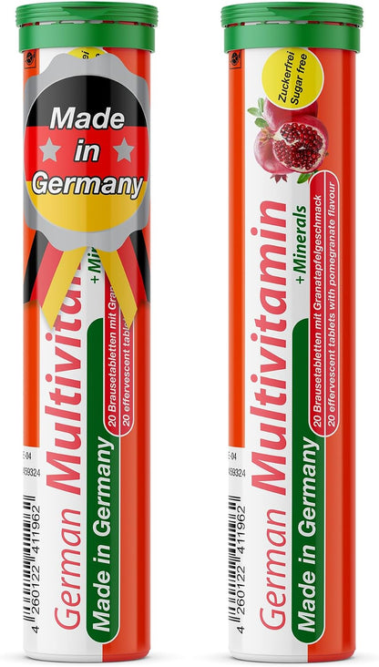 T&D German Multivitamin + Minerals 10 Vitamins 2 Minerals - 40 Vegan Effervescent Tablets - Pomegranate Flavour - Made in Germany