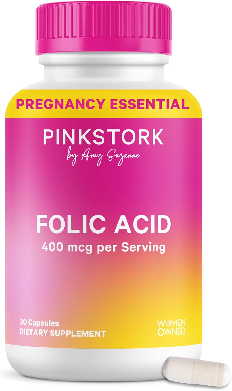 Pink Stork Folic Acid Supplement for Women – 400mcg, 30 Capsules | Daily Vitamin B9, Prenatal & Fertility Support, Supports Red Blood Cell Formation & Energy, Vegetarian - görsel 1