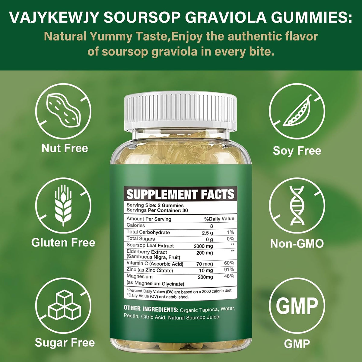 VAJYKEWJY Soursop Graviola Gummies – Extra Strength 2000mg with Vitamin C & Zinc, Vegan, 60 Gummies - görsel 2