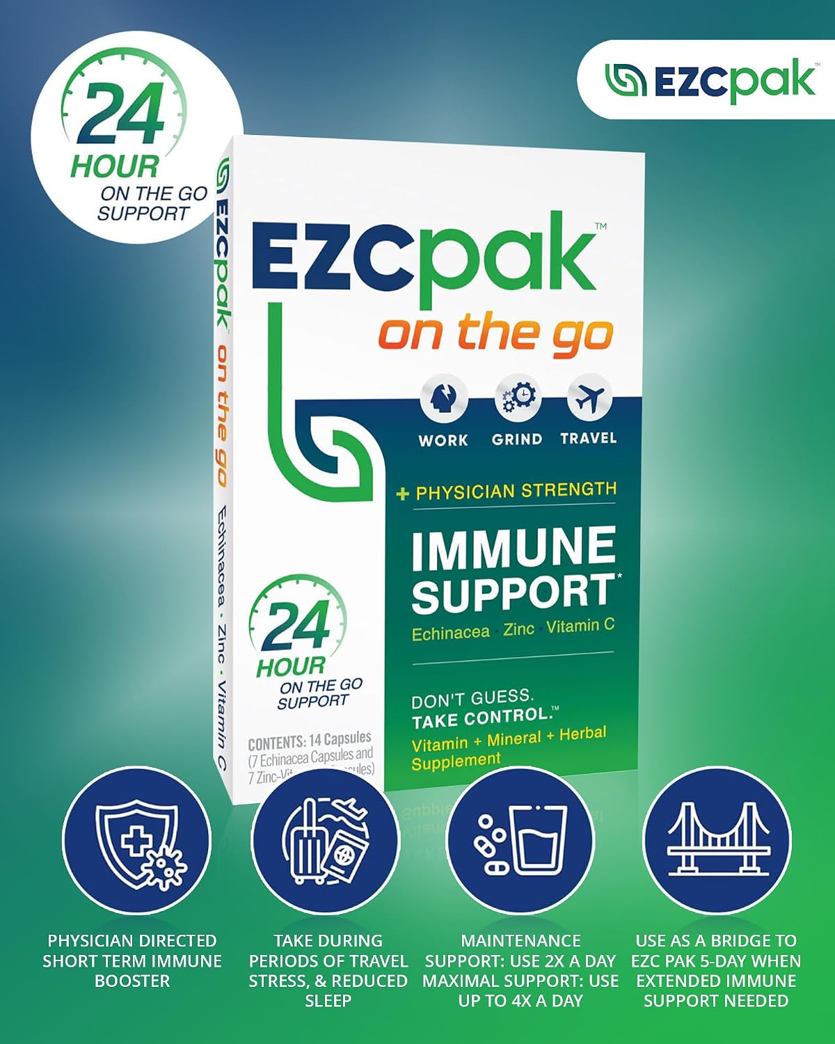 EZC Pak On The Go Immune Support with Echinacea, Vitamin C & Zinc - Travel-Friendly Immunity Supplement for Adults - Vegetarian & Gluten-Free - görsel 3