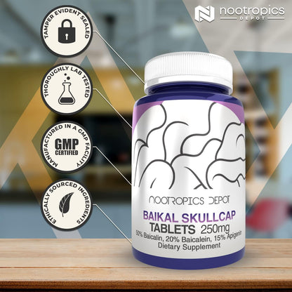 Nootropics Depot Baikal Skullcap Extract Tablets | 250 mg | 120 Tablets | >15% Apigenin, >20% Baicalein, >50% Baicalin