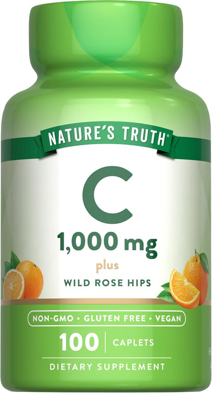 Nature's Truth Vitamin C 1000 mg with Rose Hips, 110 Caplets - Vegan, Non-GMO, Gluten-Free