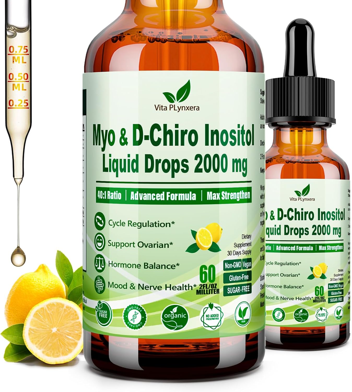 Myo & D-Chiro Inositol Supplement for Women - 40:1 Ratio Complex with Multivitamin and Herbs (Liquid Drops, 60 ml) - görsel 1