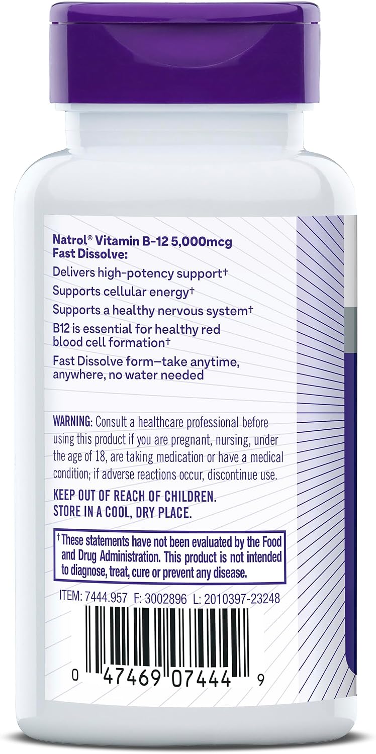 Natrol B12 5000 µg Fast Dissolve Tablets, Energy Metabolism Support, 200 Count - görsel 7