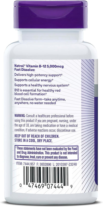 Natrol B12 5000 µg Fast Dissolve Tablets, Energy Metabolism Support, 200 Count