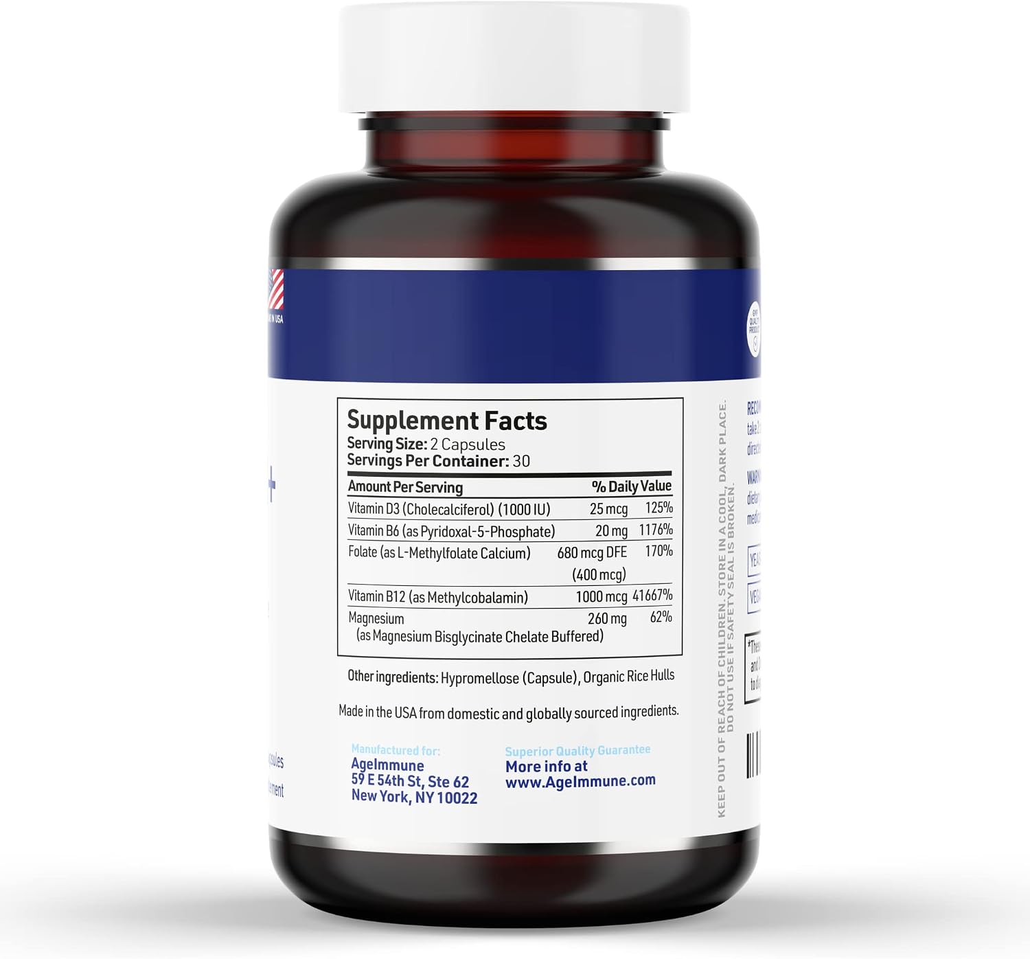 AgeImmune Vitamin B Complex with Vitamin D3, B12, B6, Magnesium Bisglycinate, and Folate as Methylfolate – 60 Capsules – No Niacin - görsel 2