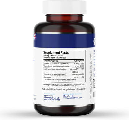 AgeImmune Vitamin B Complex with Vitamin D3, B12, B6, Magnesium Bisglycinate, and Folate as Methylfolate – 60 Capsules – No Niacin