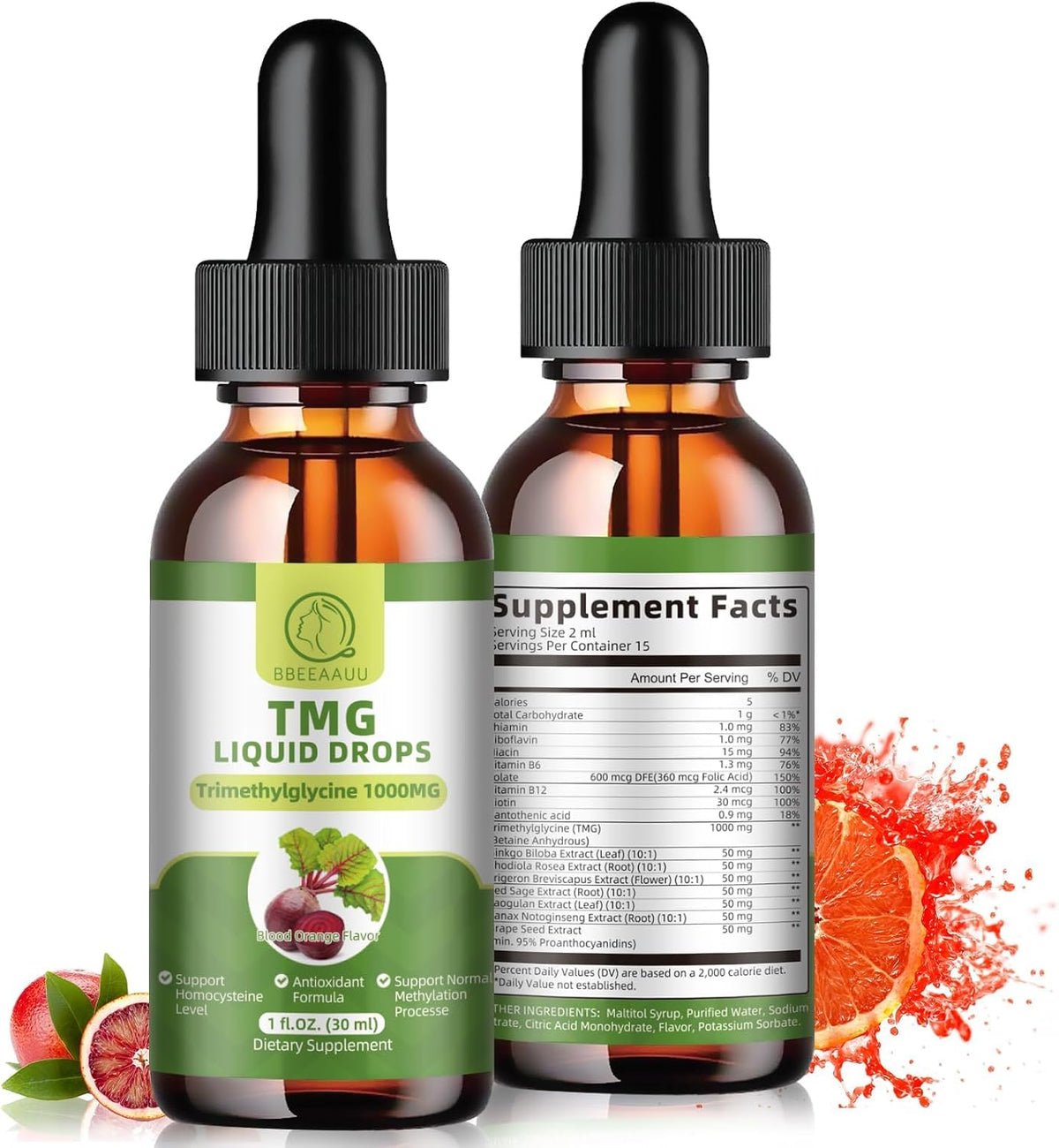 TMG Liquid Drops 1000mg - Trimethylglycine with Herbal Extracts & Vitamin B6, Blood Orange Flavour (2 Pack) - görsel 9