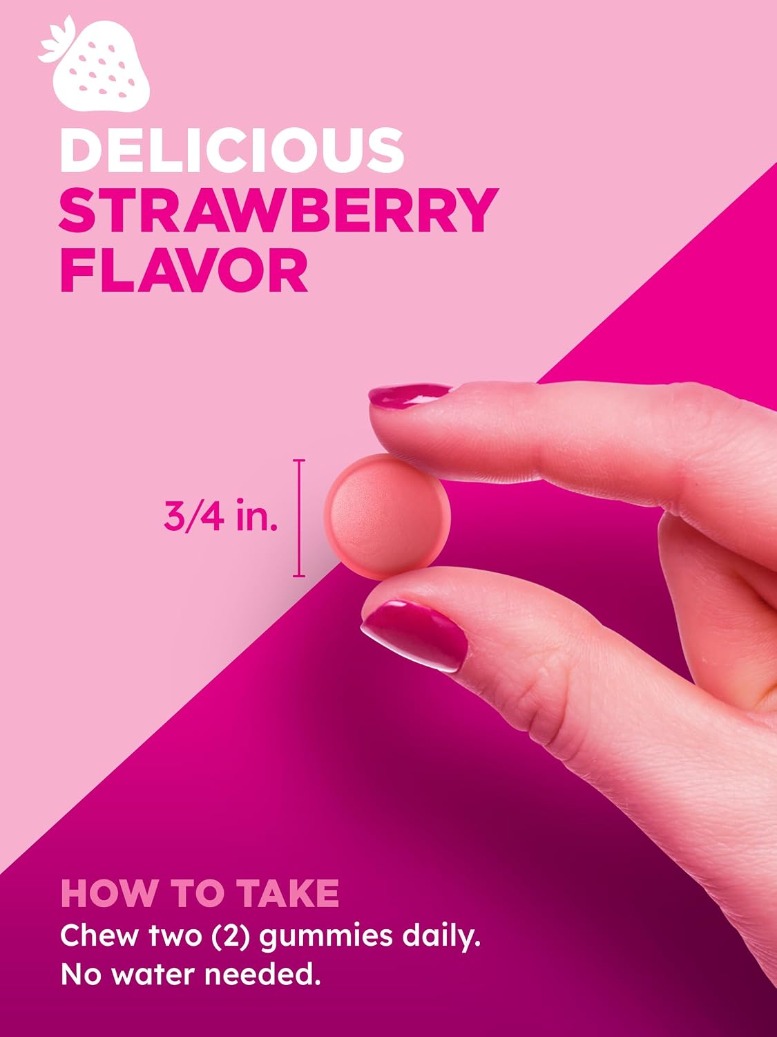 PINK Hair Skin Nails Gummies | 2,500 mcg Biotin | 60 Count | Non-GMO & Gluten-free Vitamins for Women | Strawberry Flavour - görsel 3