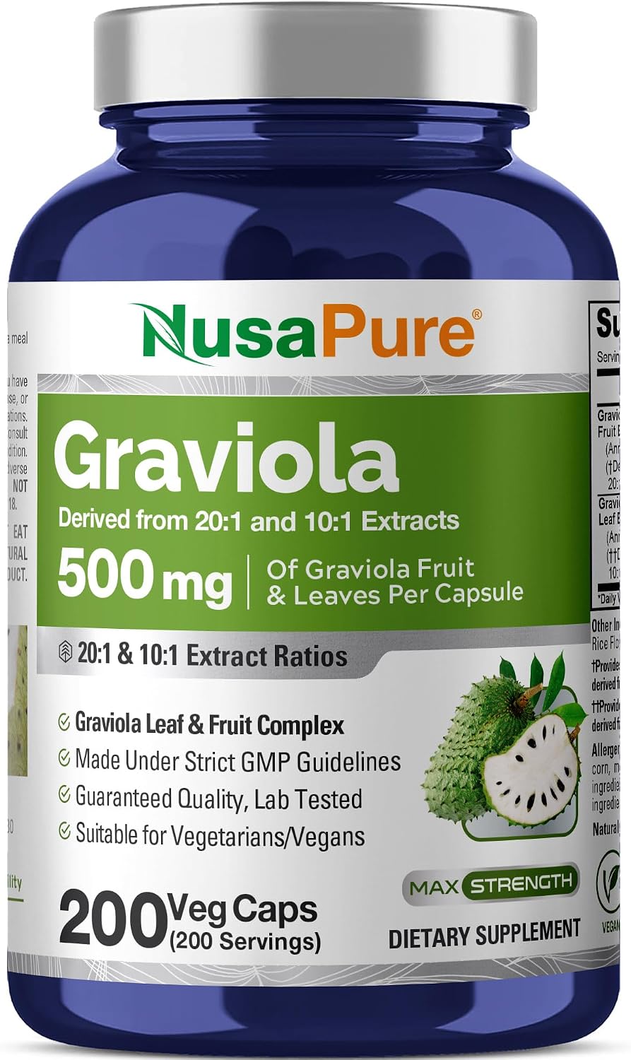 NusaPure Graviola Capsules, 500 mg, 200 Vegetable Capsules (Non-GMO, Vegan) - görsel 1