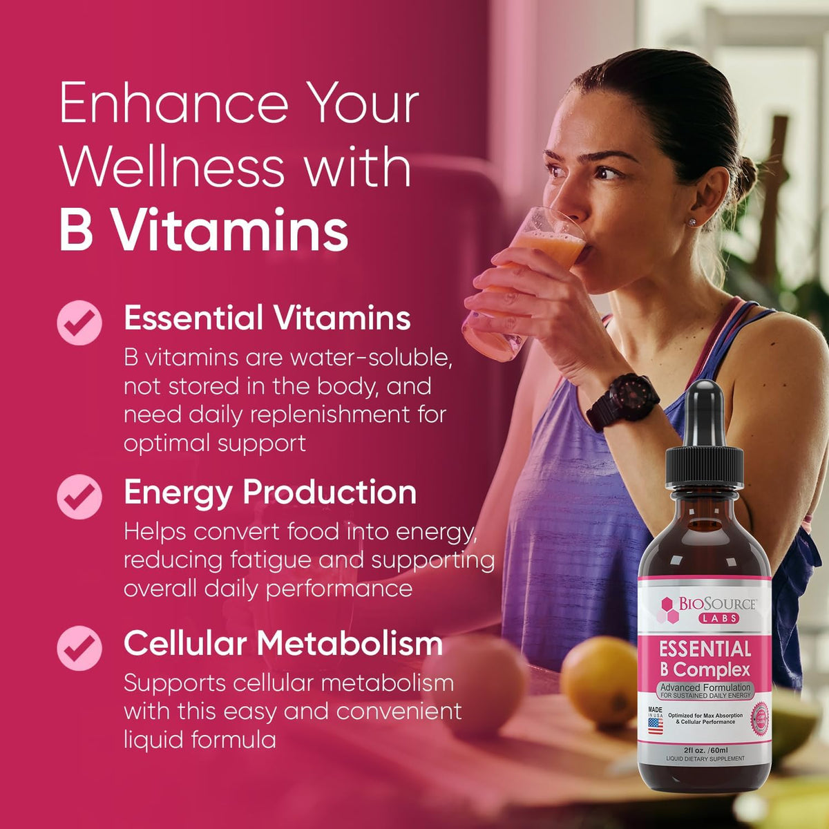 BioSource Labs Essential B Complex - Daily Vegan Vitamin B-Complex Sublingual Liquid Drops with Methyl B12 (60ml Bottle) - 60-Day Supply - görsel 3