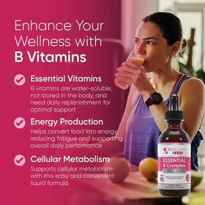 BioSource Labs Essential B Complex - Daily Vegan Vitamin B-Complex Sublingual Liquid Drops with Methyl B12 (60ml Bottle) - 60-Day Supply